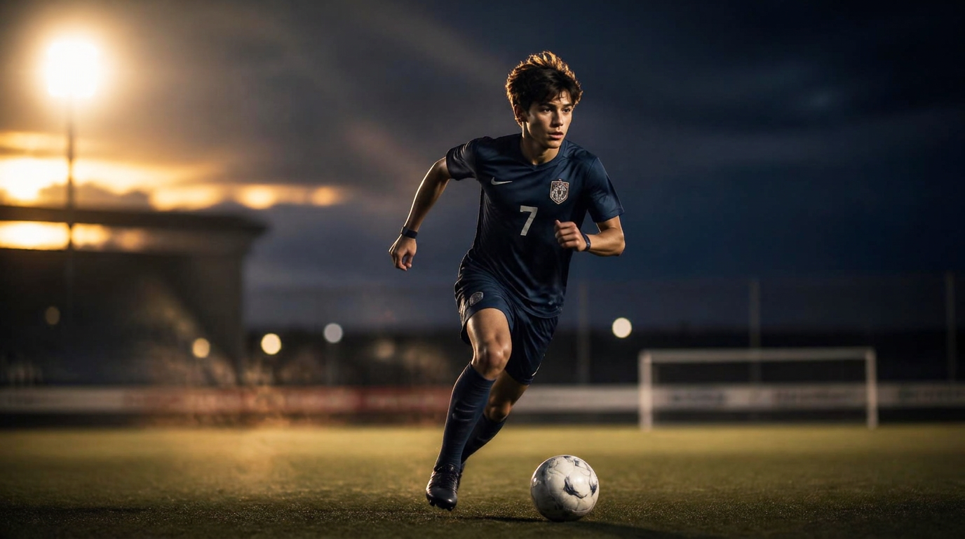 Young footballer sprinting with the ball on a floodlit pitch